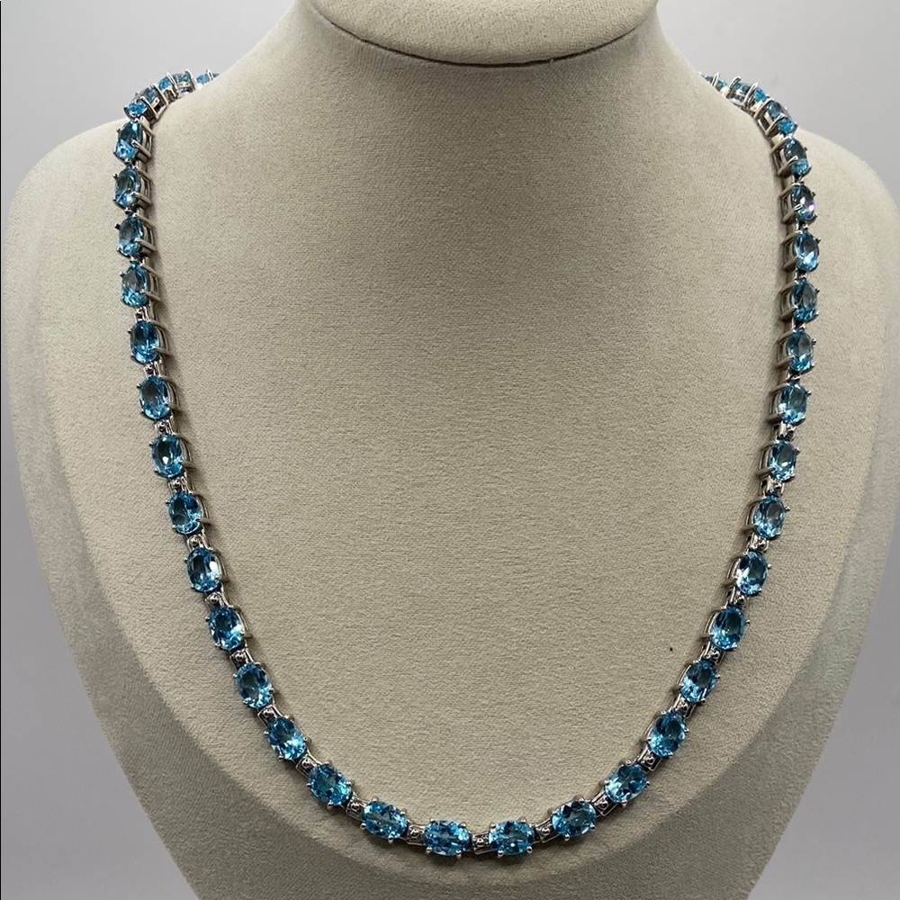 Sterling Silver 925 Swiss Blue Topaz Tennis Eternity Necklace 17 1/2”L